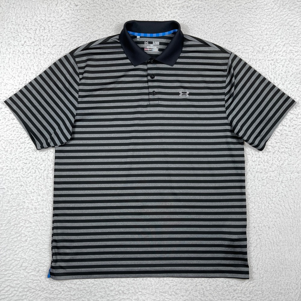 Under Armour Polo Shirt Mens XL Black Gray HeatGear Striped Golf Athletic Sporty
